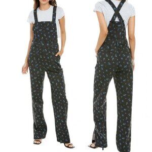 WeWoreWhat Slouchy Black Watercolor Ditsy Slit Jumper Overalls 26621